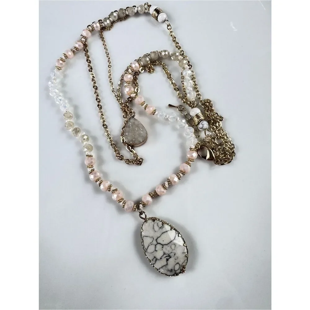 Gold-Tone Layered Necklace with Pink Beads and White Marbled Teardrop Pendant